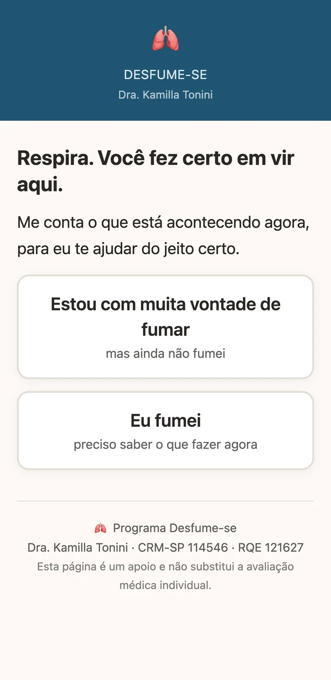 Tela do SOS do Desfume-se com as opções Estou com muita vontade de fumar e Eu fumei